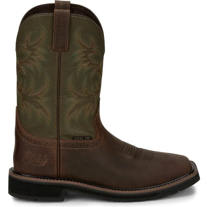 Justin Men's Driller 11" Steel Toe Western Work Boot -Brown/Green- SE4688